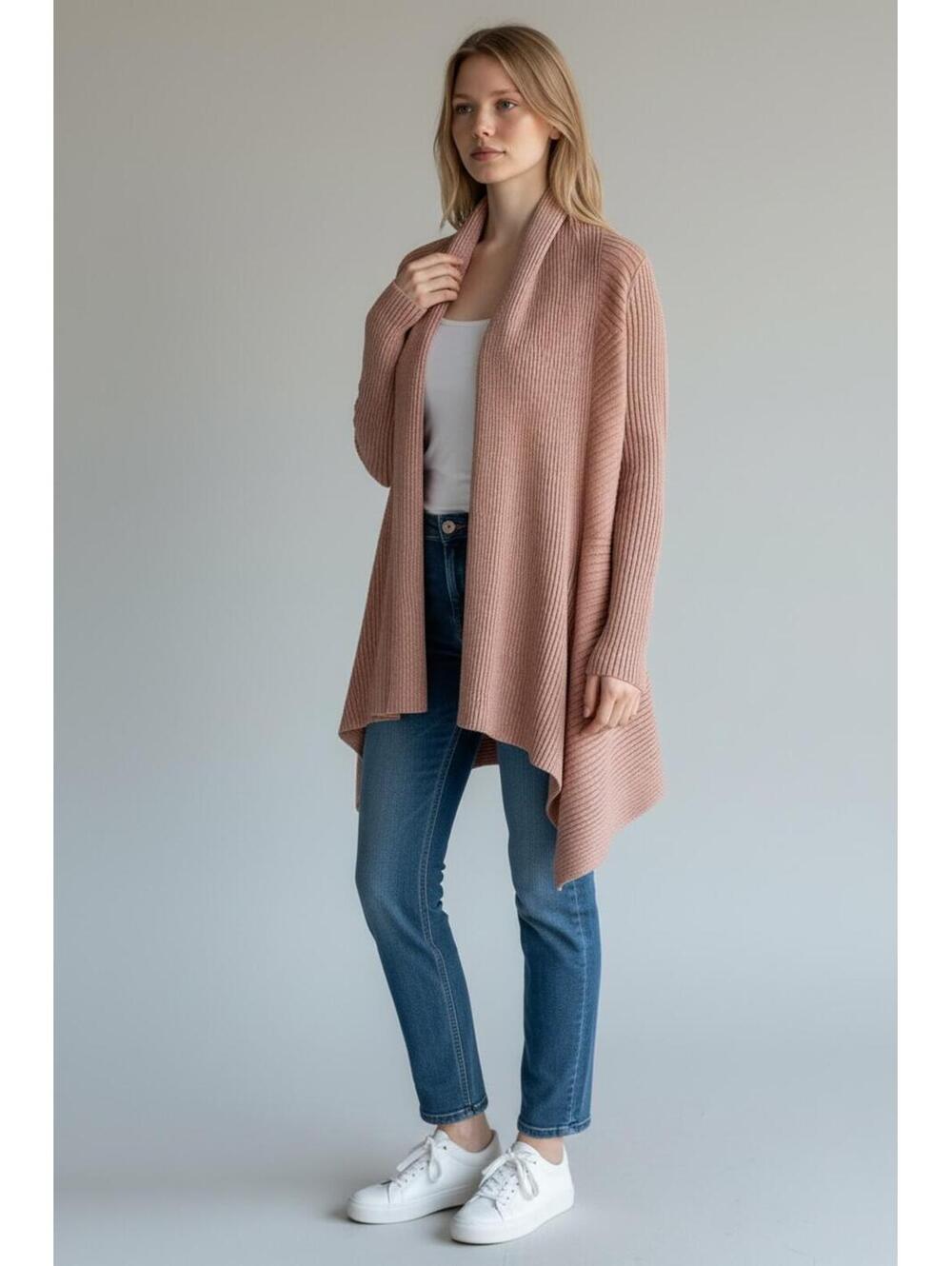 White House Black Market Blush Pink Open Front Metallic Ribbed Cardigan Sweater - Picture 3 of 8